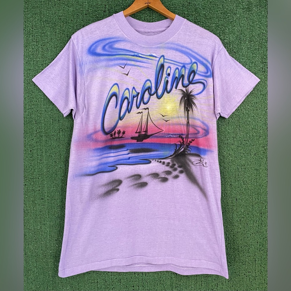 Vintage 80’s Air Brush Caroline Tropical Ocean Purple T-Shirt Women’s Size Small